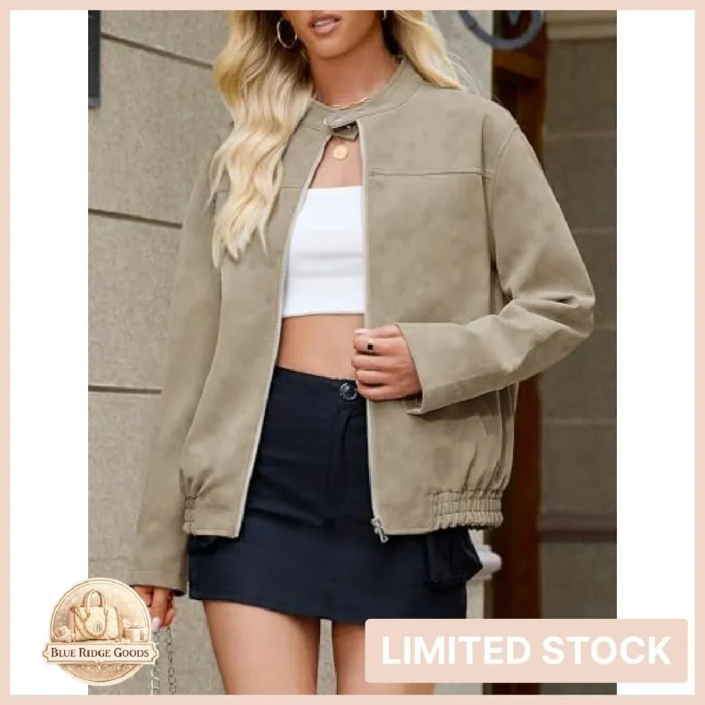 Faux Suede Bomber Jacket Vintage Chic Casual Zip Up Fall Winter Outerwear - Picture 3 of 8